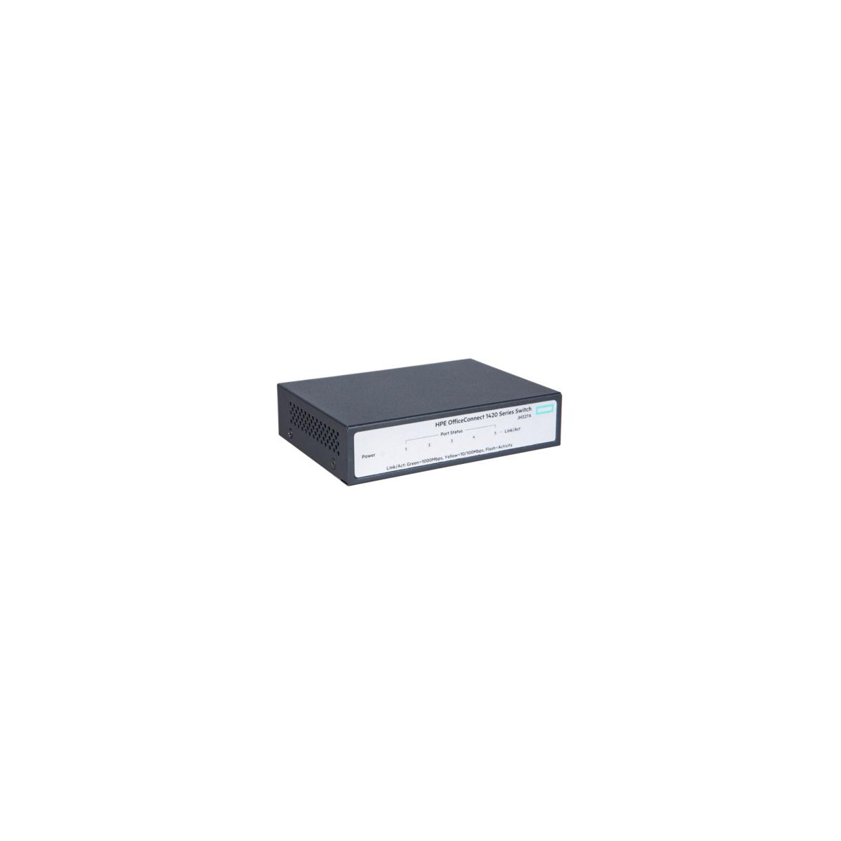 Un piccolo switch di rete nero HPE OfficeConnect serie 1420 con porte etichettate e spie di stato.
