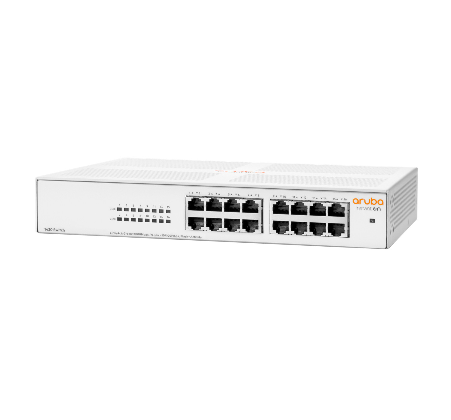 Weiße 16-Port Aruba 1430 Switch mit Ethernet-Ports und Statusleuchten.