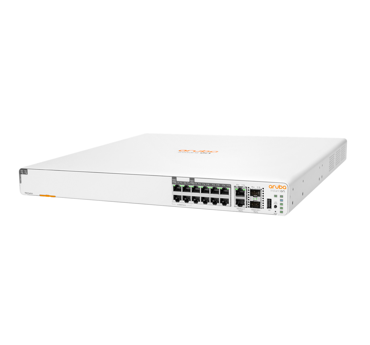 Un switch Aruba 1960 blanco con múltiples puertos Ethernet y luces de estado.
