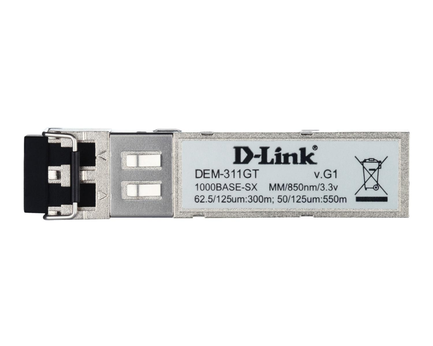 Un transceptor de fibra óptica D-Link DEM-311GT 1000BASE-SX con etiquetado.
