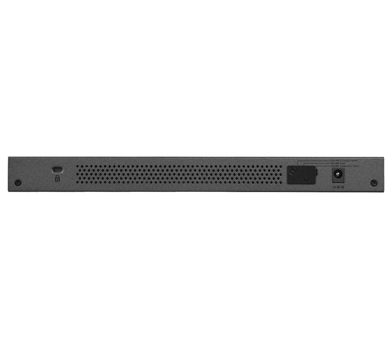 Back of a black network device with vents, ports, and labels.