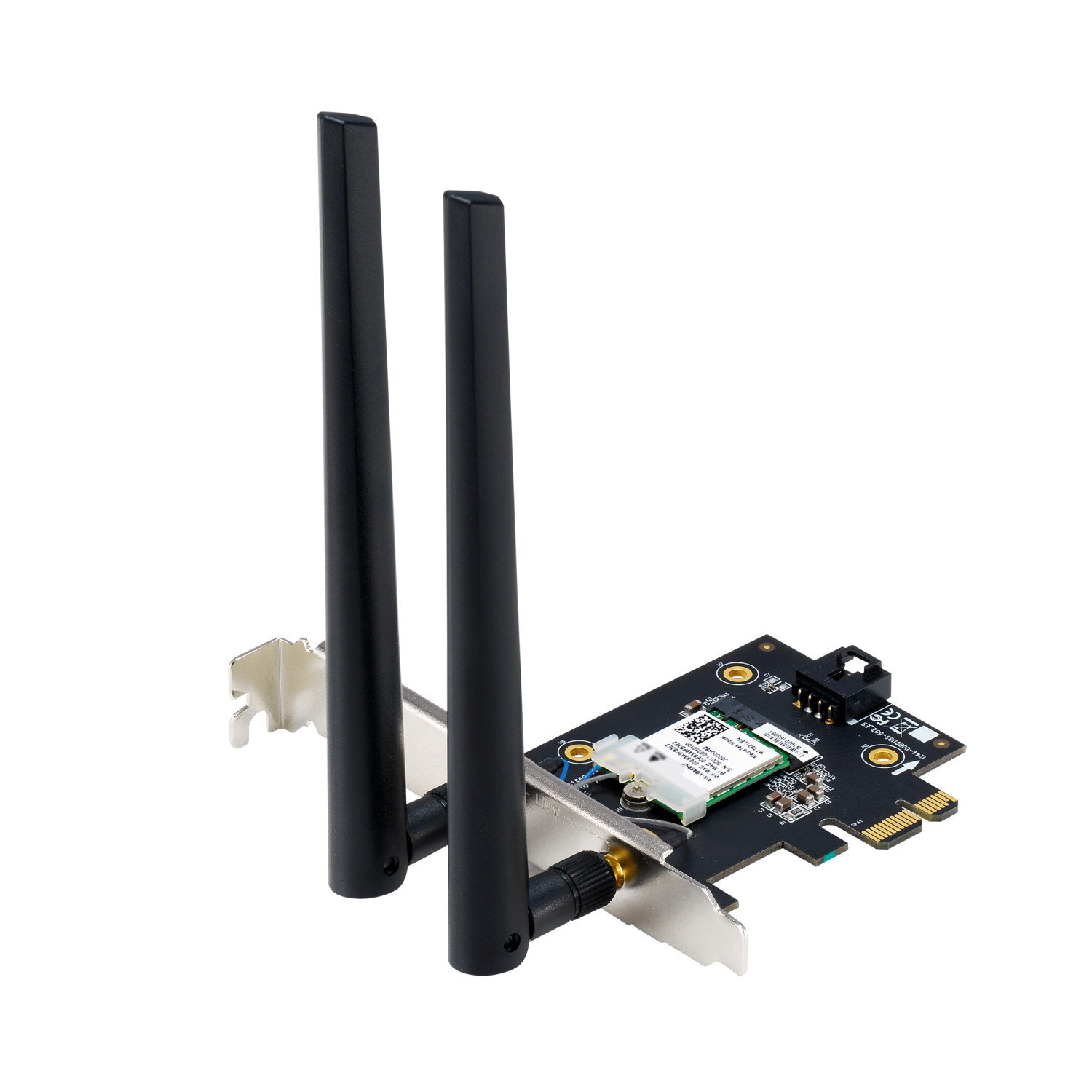 Una tarjeta Wi-Fi negra con dos antenas y un soporte plateado sobre fondo blanco.
