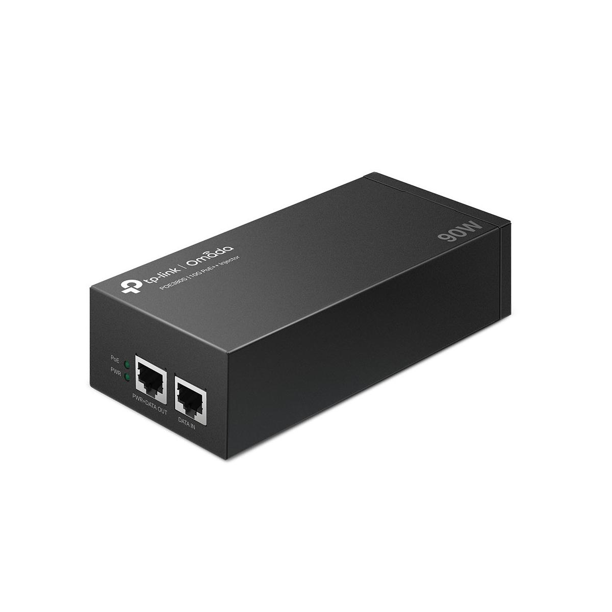 Siyah TP-Link Omada 90W PoE enjektör, çoklu portlar ve durum LED'leri.