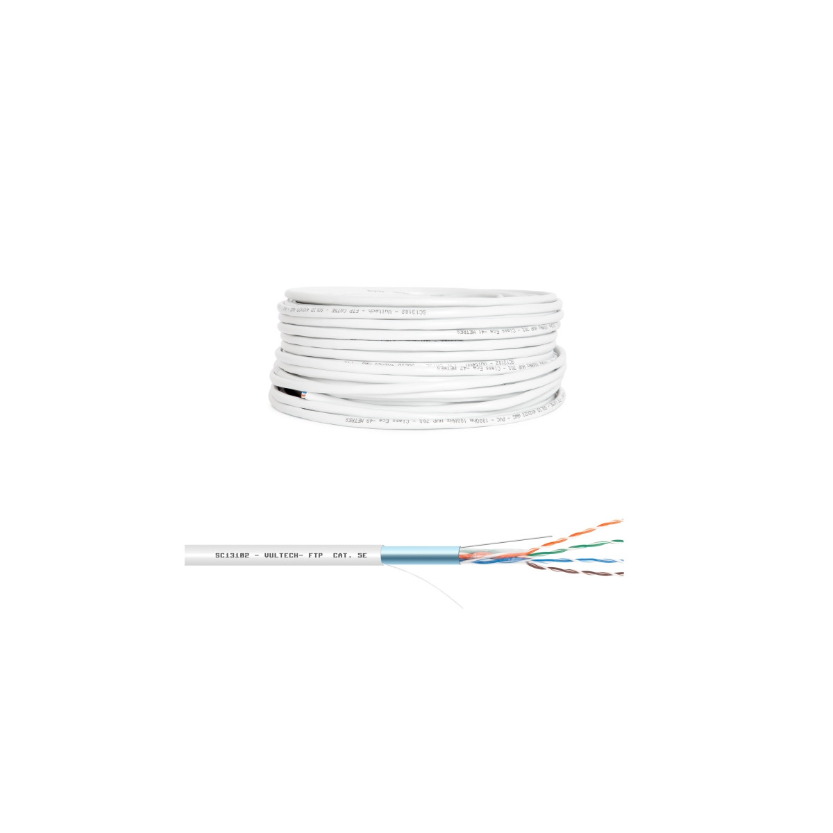 A white cable with multiple colors is coiled. One end is stripped.
