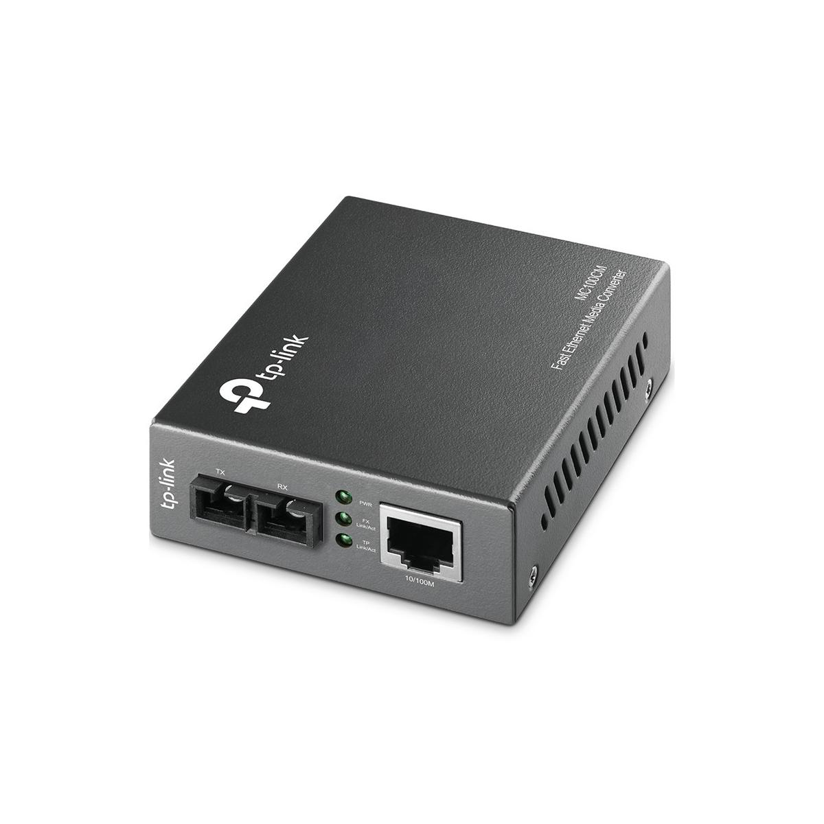 Convertidor de medios TP-Link MC100CM Fast Ethernet negro con puertos y LEDs.