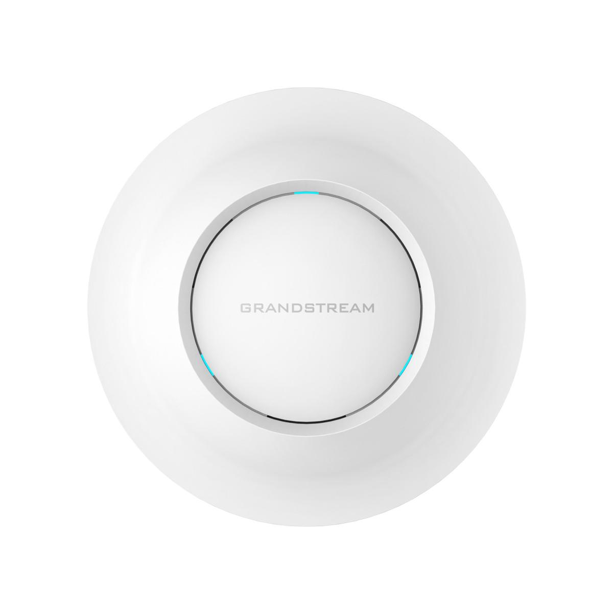 Punto di accesso Wi-Fi Grandstream bianco con luci LED blu su sfondo bianco.