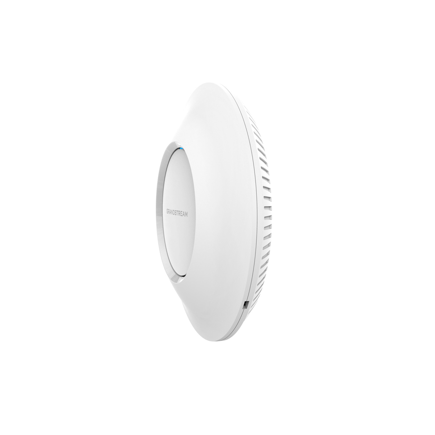 Un router Grandstream bianco con prese d'aria e una luce blu.