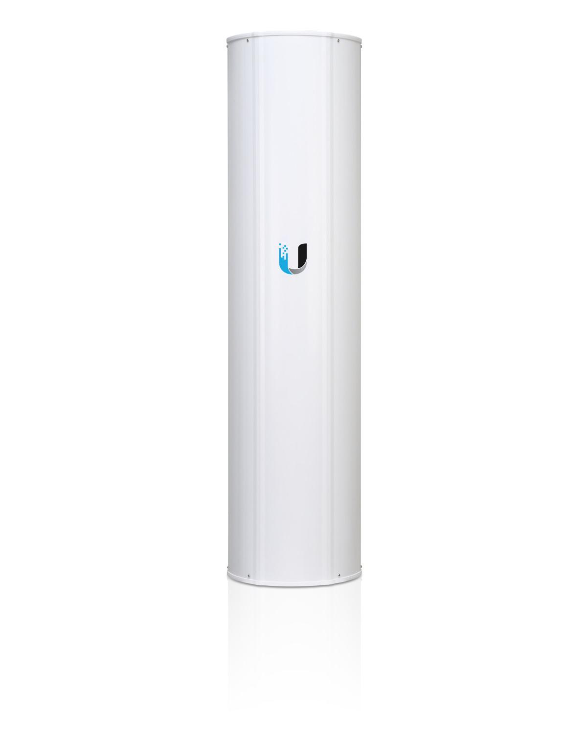 White cylindrical antenna with a blue and black logo, isolated on white.