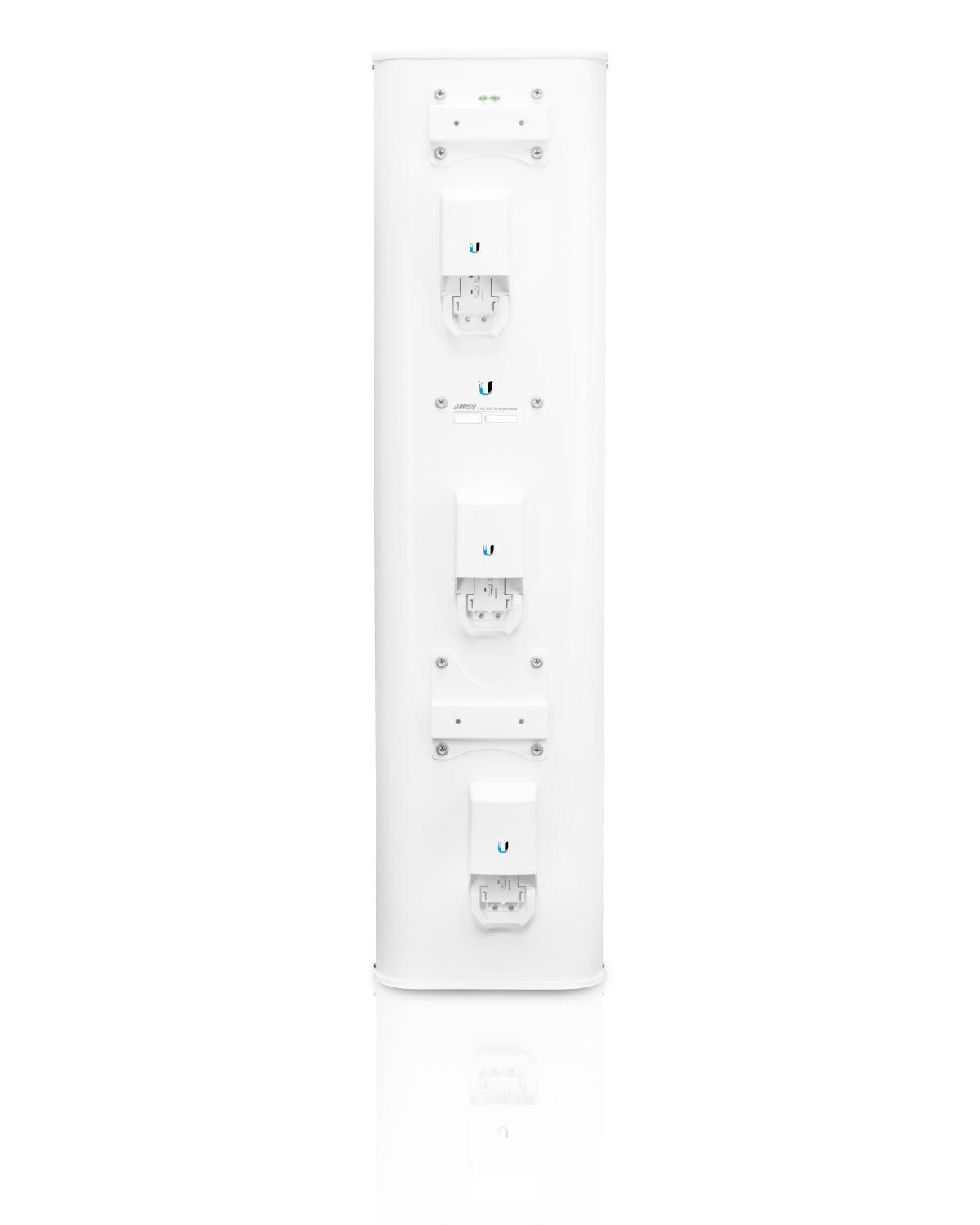A white, vertical device with four blue U symbols and mounting hardware.