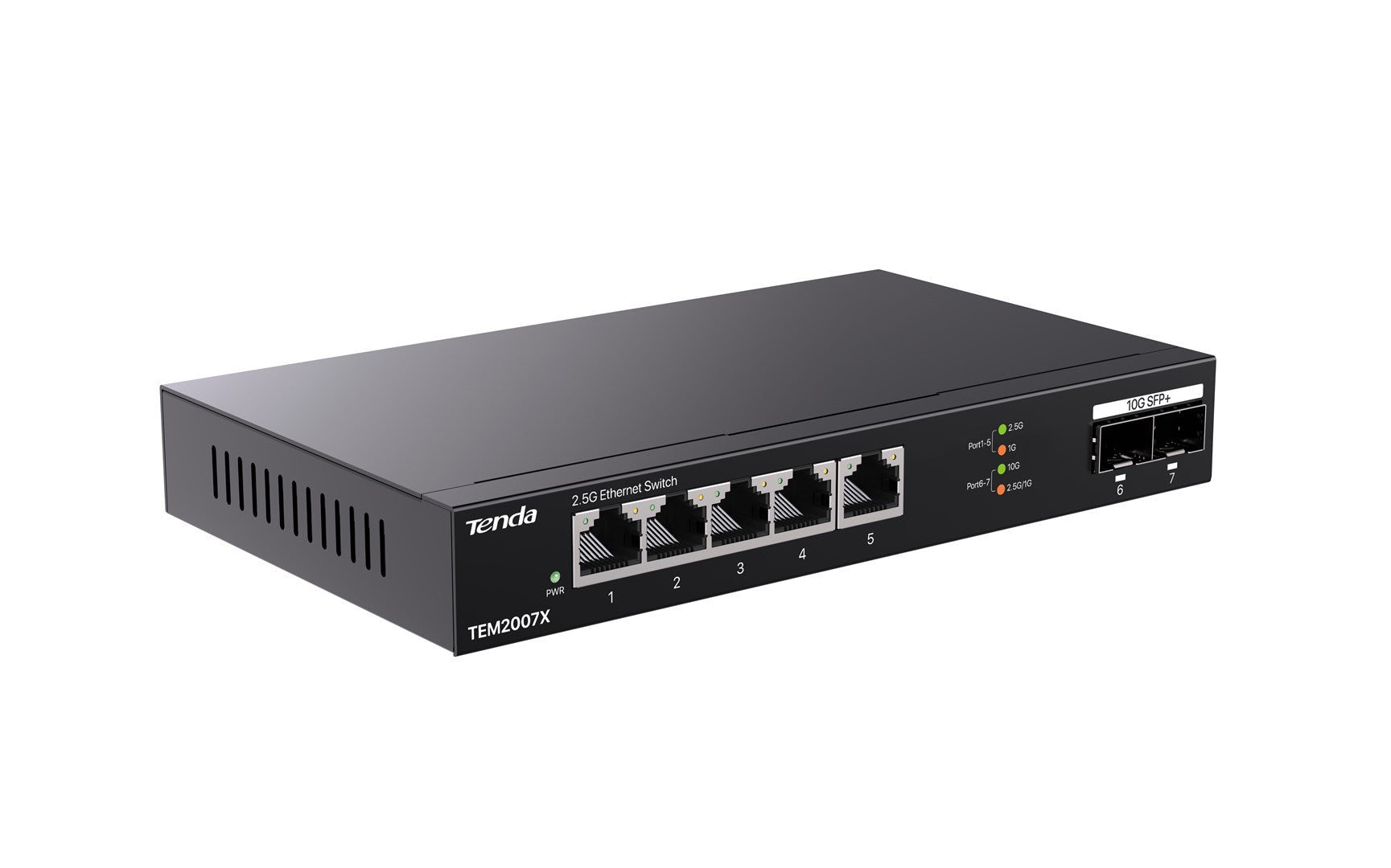 Uno switch Ethernet Tenda 2.5G nero con 5 porte RJ45 e 2 porte SFP+.