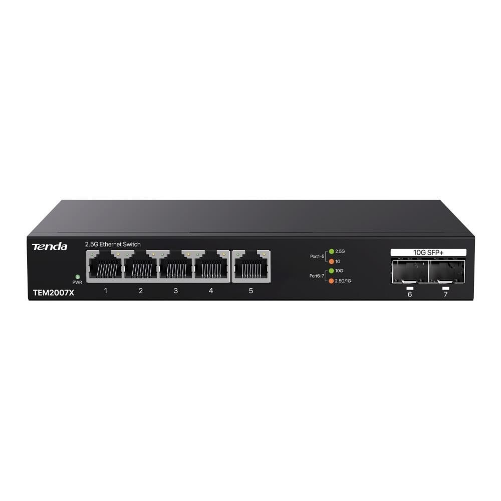 Switch Ethernet Tenda 2.5G TEM2007X con 5 porte RJ45 e 2 porte SFP+.
