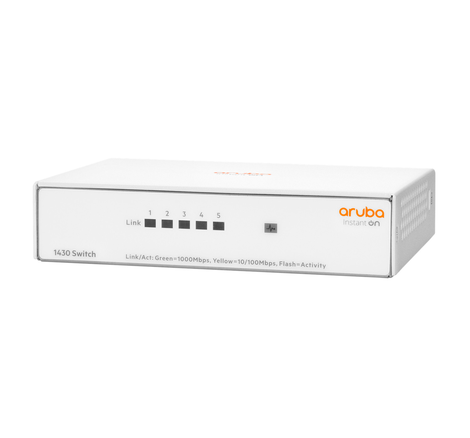 Uno switch Aruba 1430 bianco con 5 porte e LED di stato.