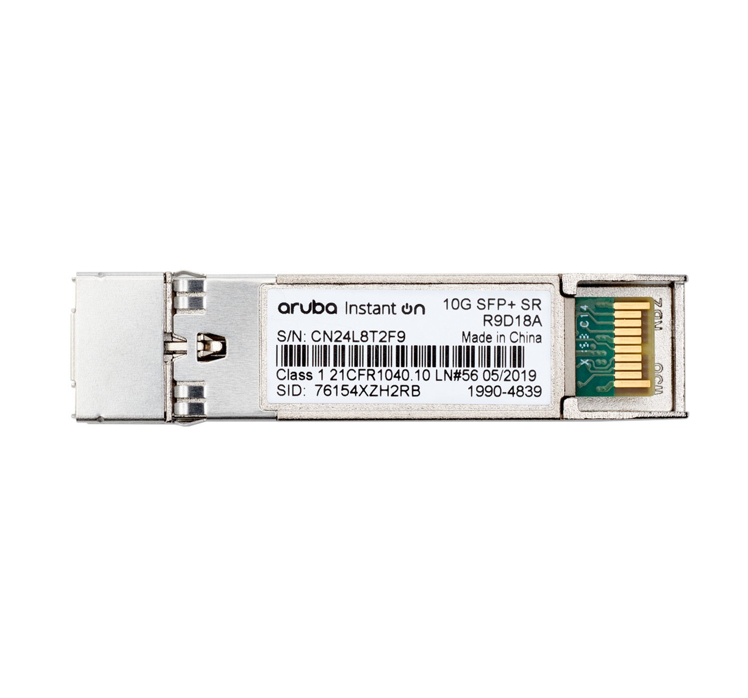 Aruba SFP+ SR 10G Modul mit Etikett, Seriennummer und Made in China Aufdruck.