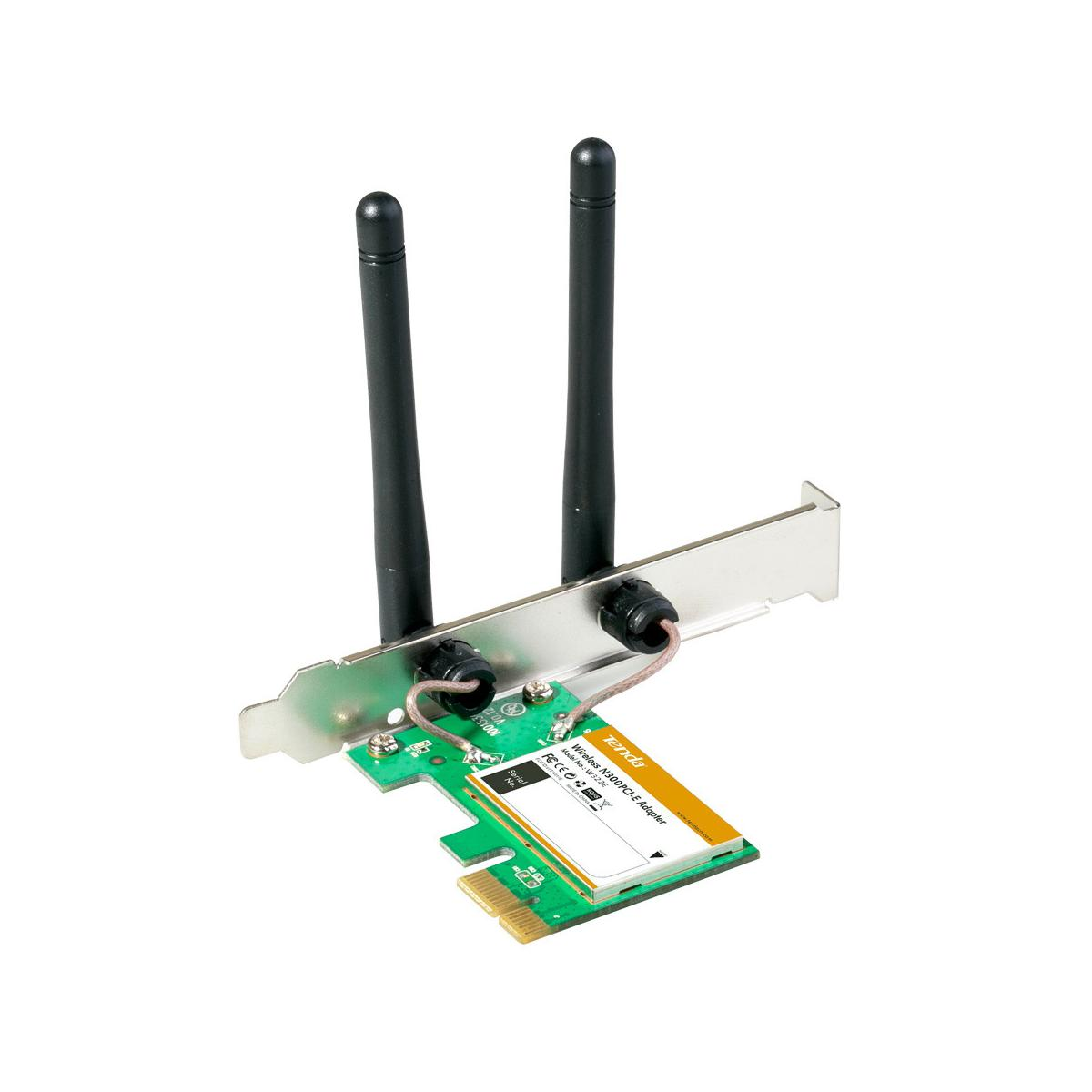 Un adattatore PCI-E wireless Tenda con due antenne nere su sfondo bianco.