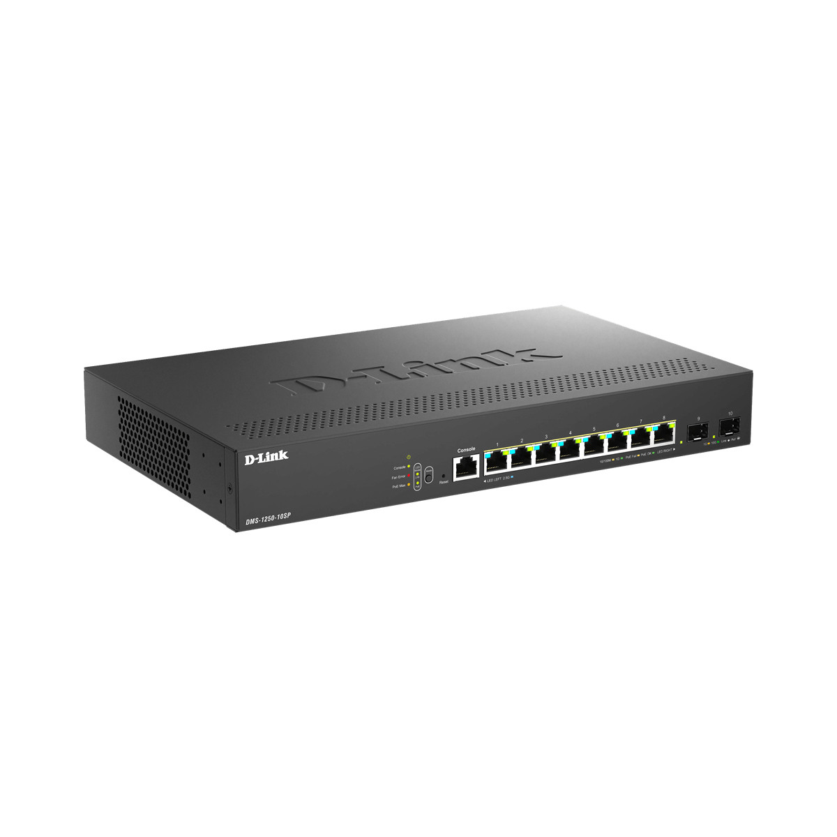 Uno switch di rete D-Link nero con 10 porte e fessure di ventilazione.