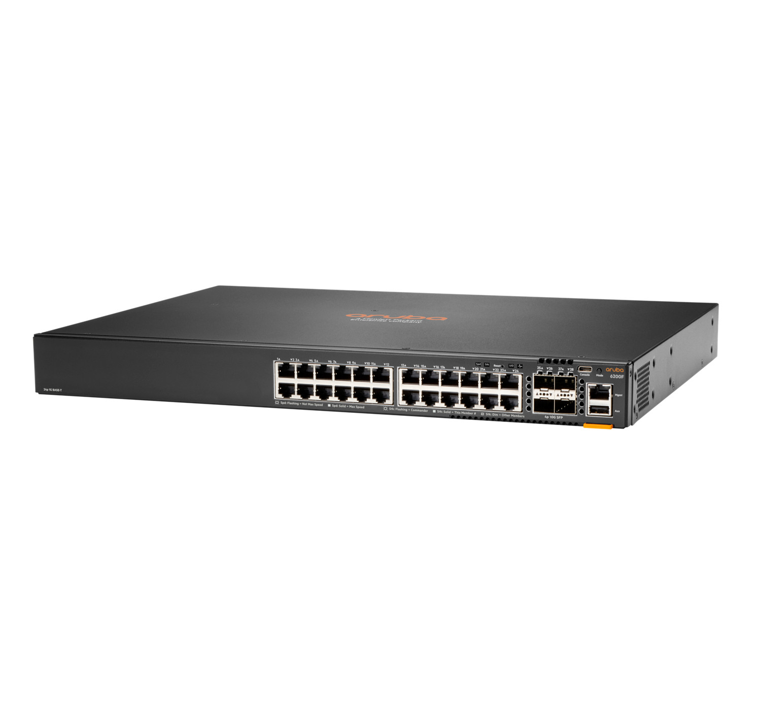 Ein schwarzer Aruba 6200F Netzwerk-Switch mit 24 Ethernet-Ports und SFP-Ports.
