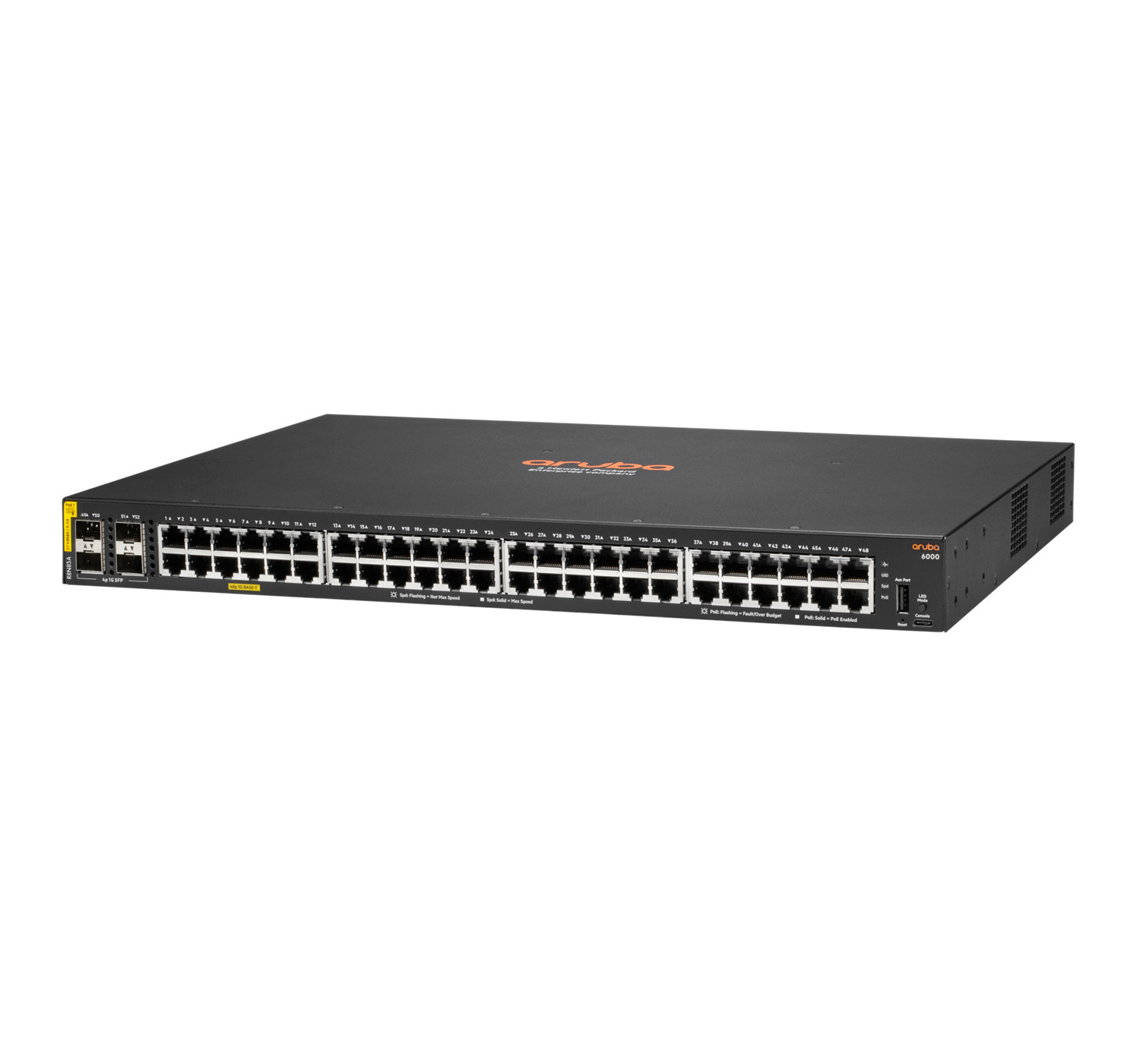 Schwarzer Aruba 6000 Netzwerk-Switch mit 48 Ports und SFP-Steckplätzen auf weißem Grund.