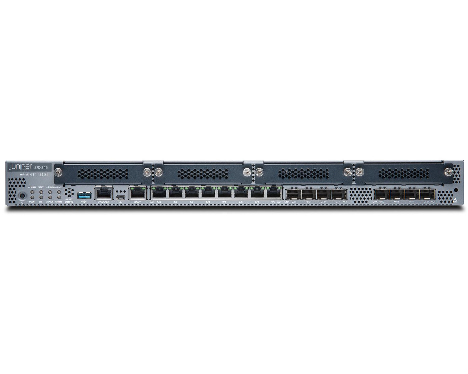 Vorderansicht eines Juniper SRX345 Netzwerkgeräts mit mehreren Ports und Indikatorleuchten.