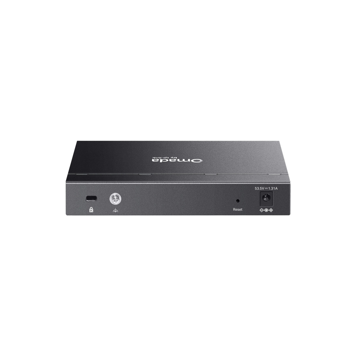 Un routeur TP-Link Omada noir avec bouton de réinitialisation et entrée d'alimentation.