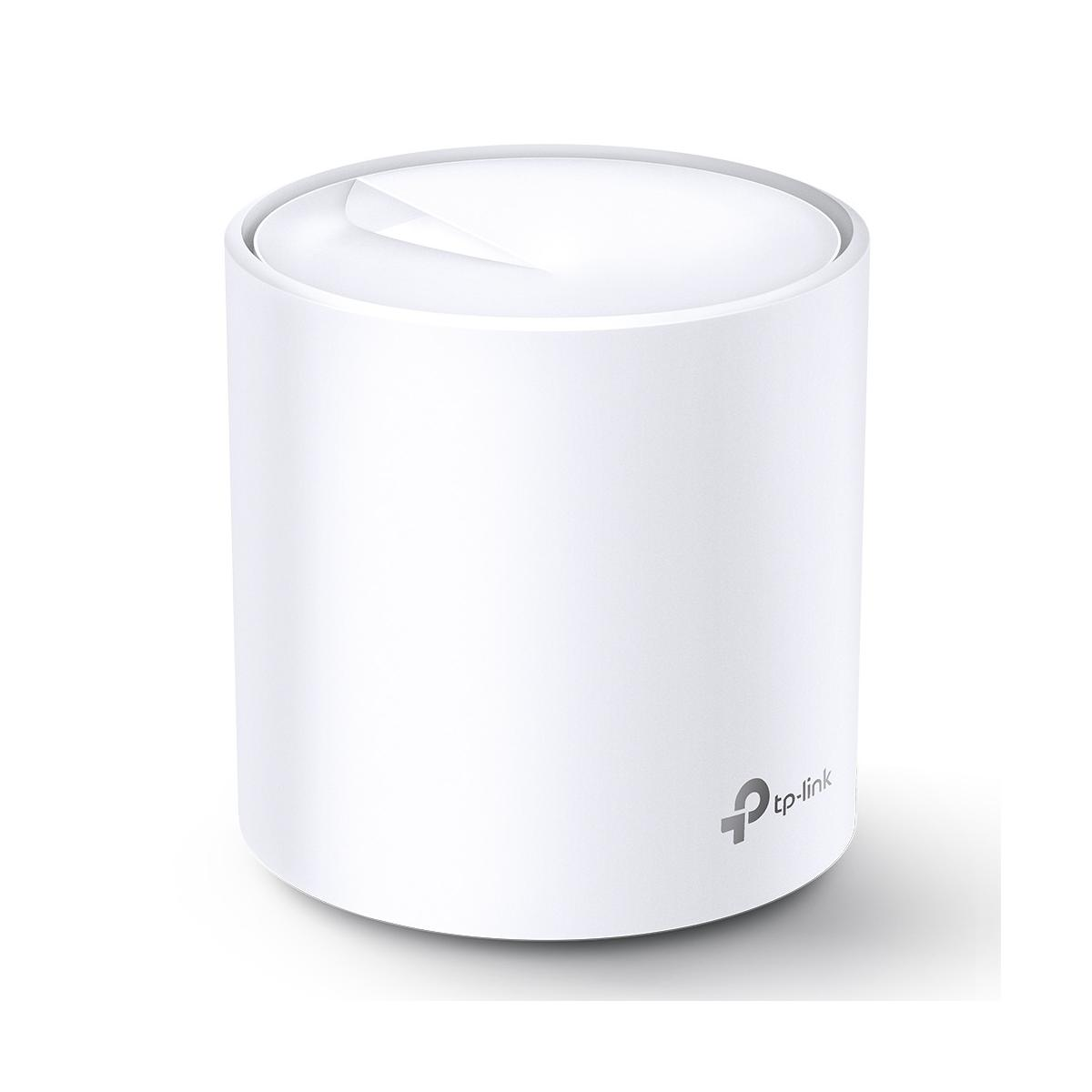 Ein weißer, zylindrischer TP-Link Mesh WLAN Router mit silbernem Logo.