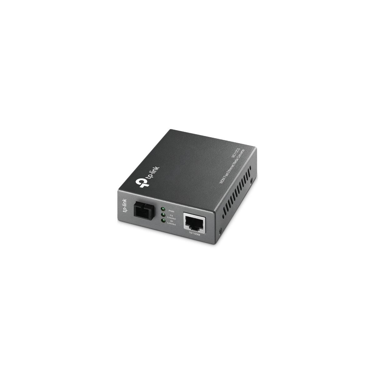 Een zwarte TP-Link WDM Fast Ethernet mediaconverter met poorten en indicatielampjes.