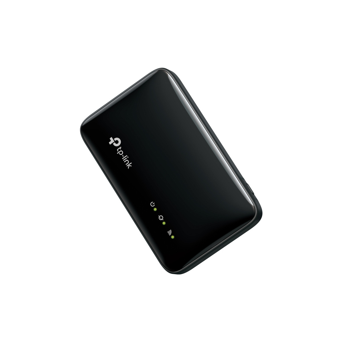 Beyaz zeminde parlayan yeşil durum LED'lerine sahip siyah TP-Link yönlendirici.