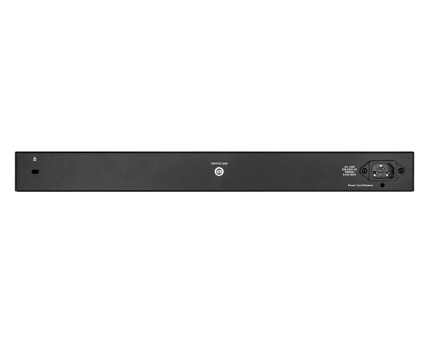 Schwarzer Netzwerk-Switch mit Anschlüssen und Beschriftungen.