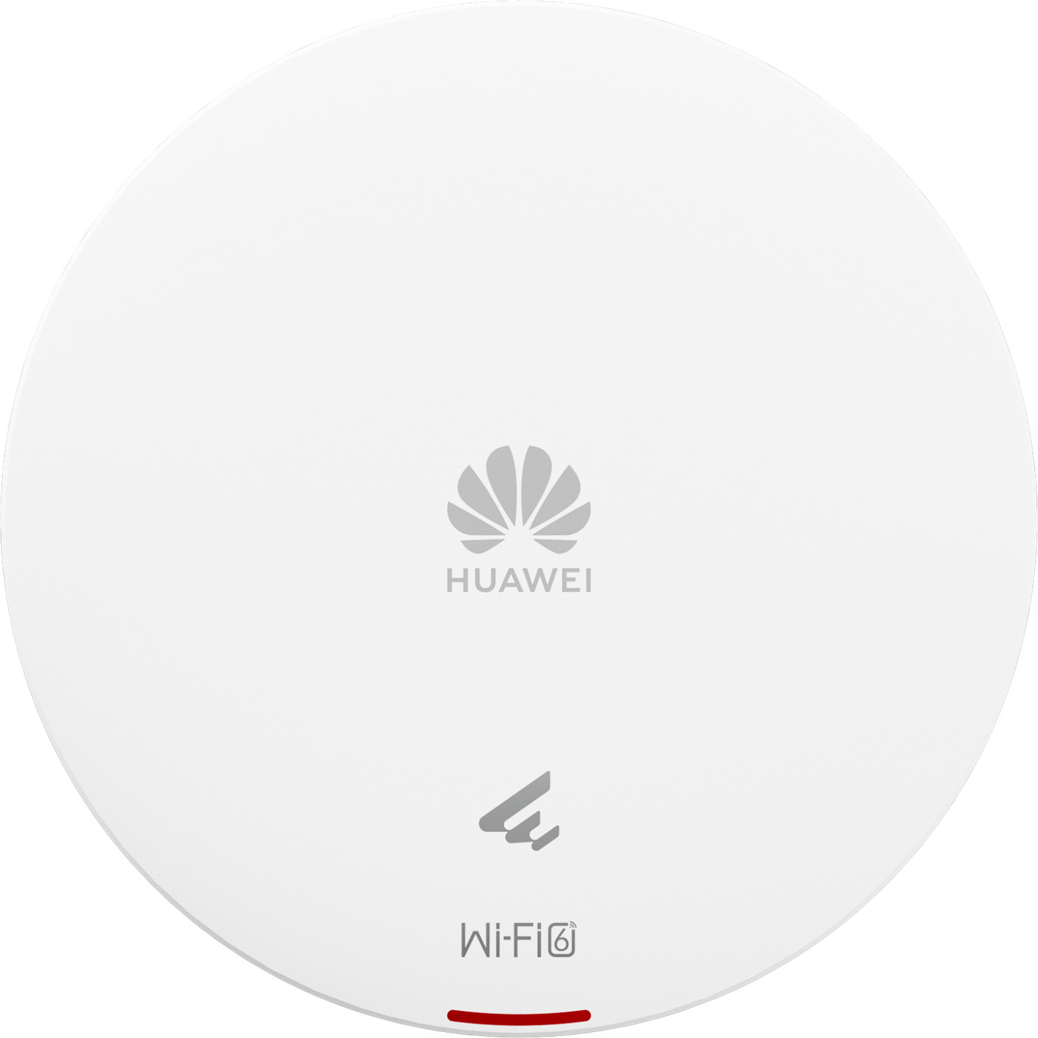 Un router bianco rotondo Huawei Wi-Fi 6 con logo grigio e barra rossa.