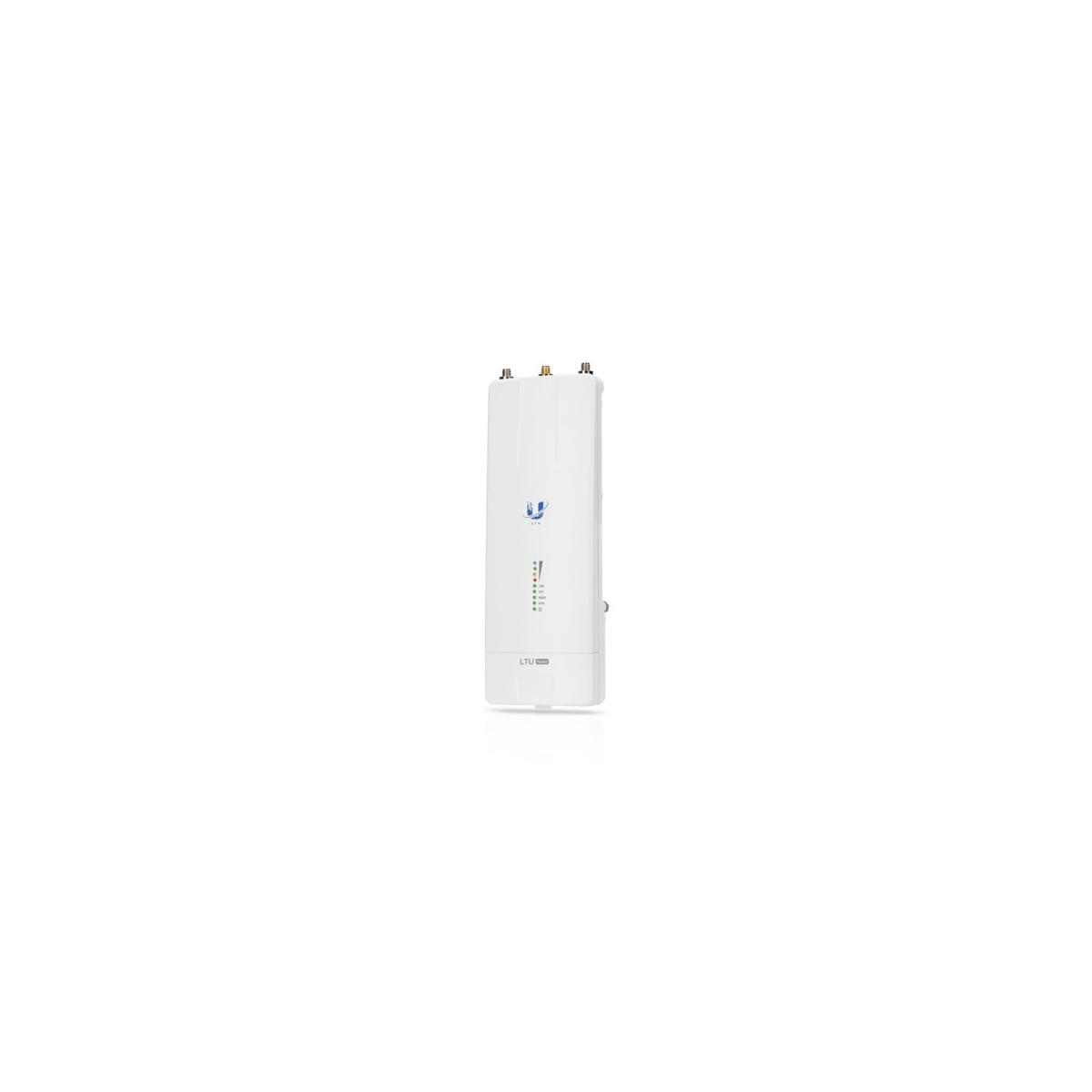 Un dispositivo rectangular blanco con antenas y LEDs.