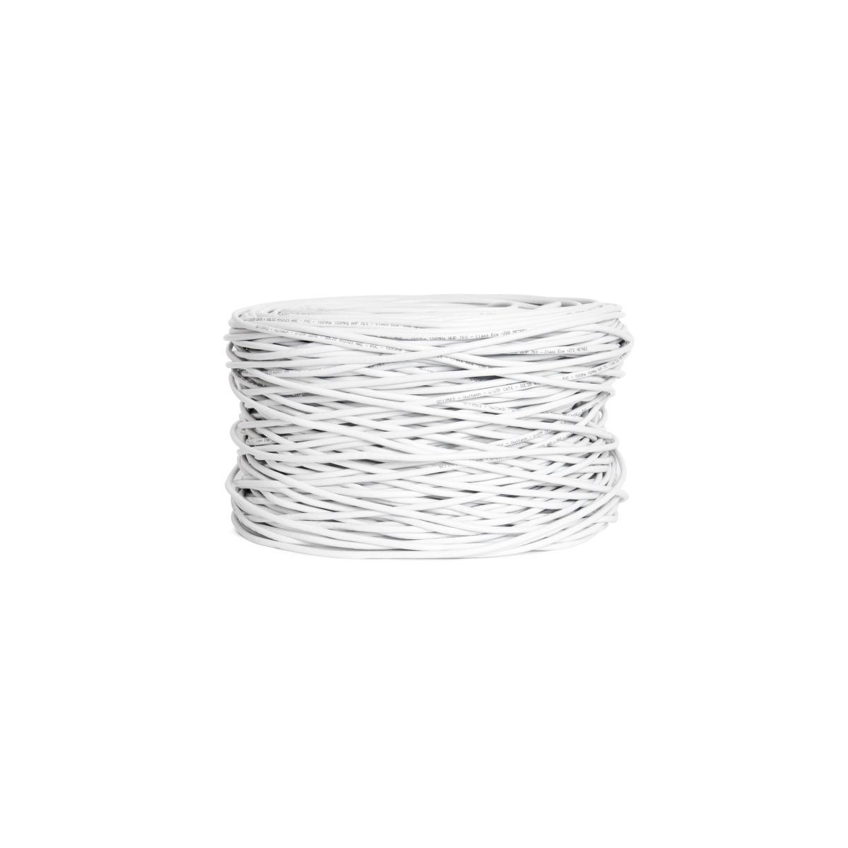 Ein aufgerollter Strang weißer Kabel mit schwarzen Beschriftungen auf weißem Hintergrund.