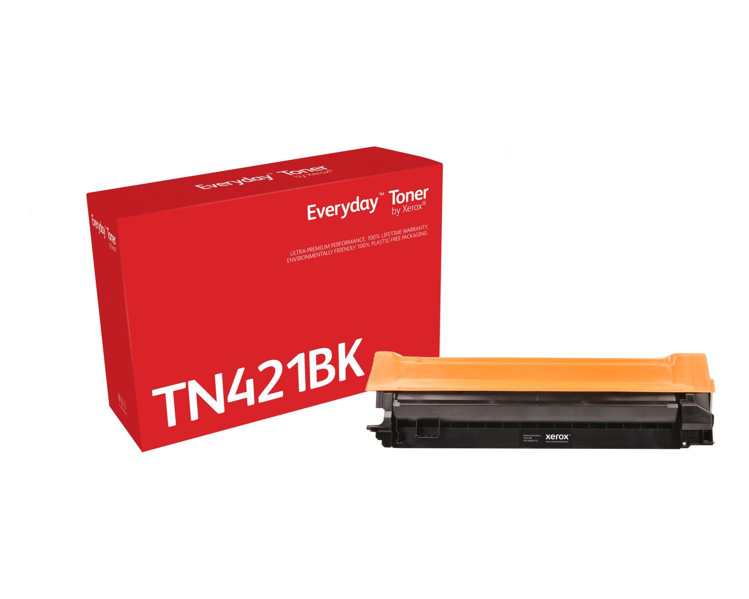 Scatola rossa con TN421BK e una cartuccia toner Xerox arancione.