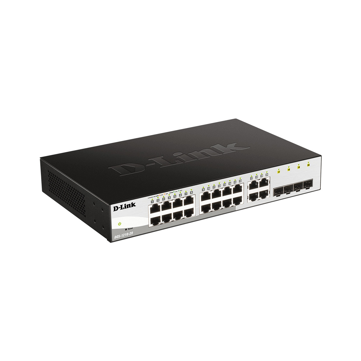 Een zwarte D-Link netwerkswitch met 24 poorten en indicatielampjes.