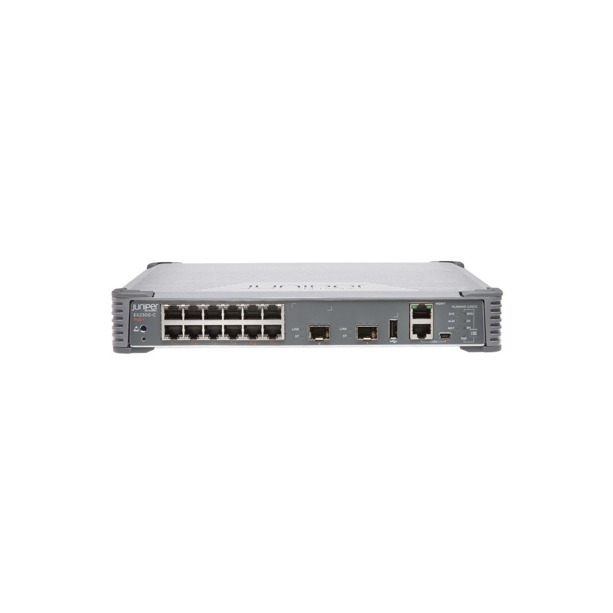 Ein Juniper EX2300-C-Gerät mit mehreren Ethernet-Ports und Statusanzeigen.
