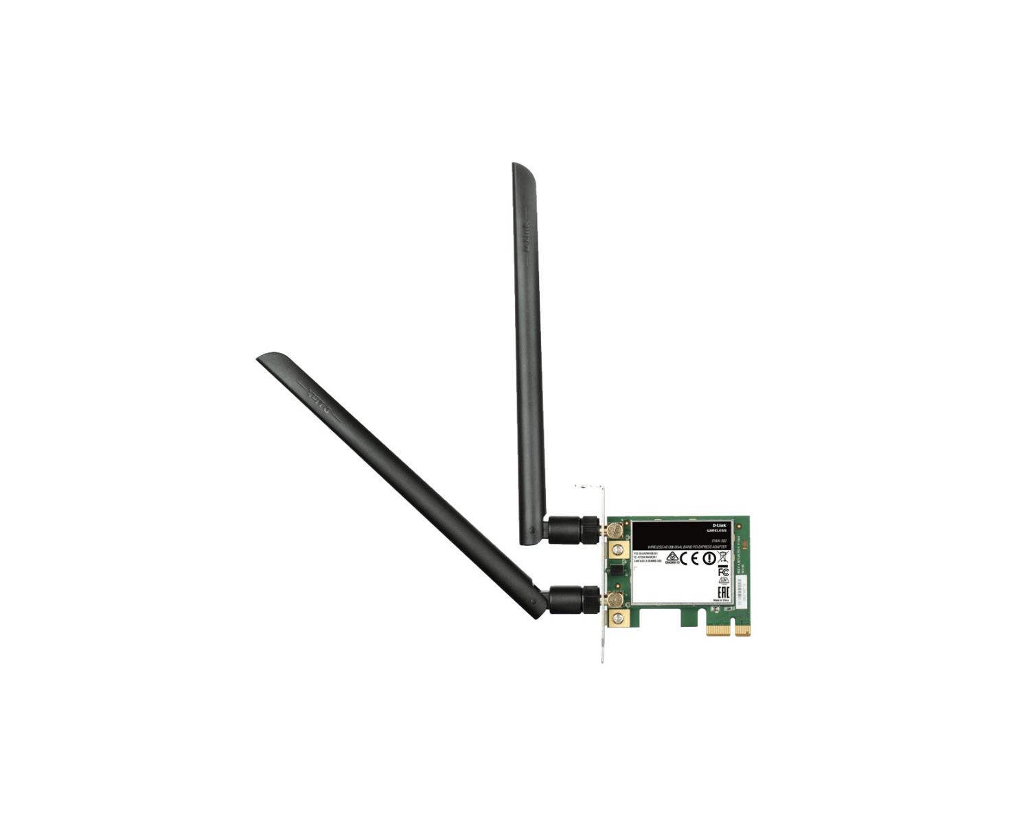 A D-Link WiFi card with two antennas and a PCIe connector.