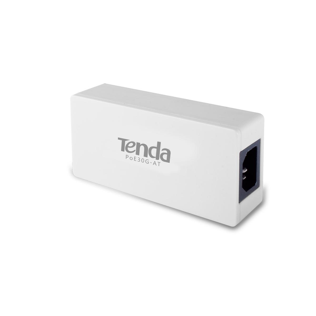 Yanında siyah güç konektörü bulunan beyaz bir Tenda PoE30G-AT adaptörü.