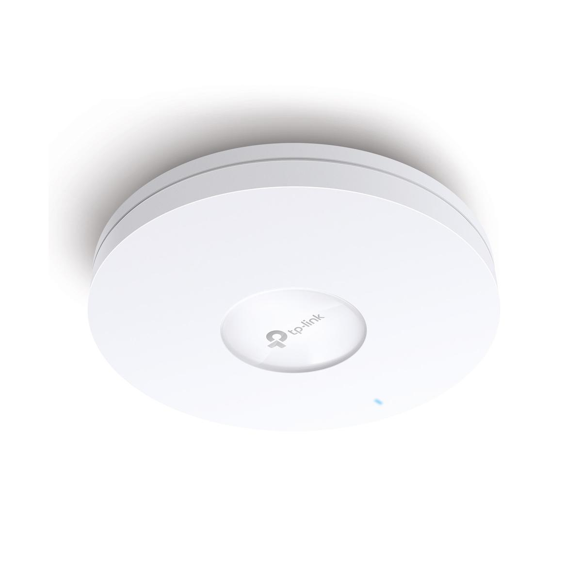 Un point d'accès Wi-Fi TP-Link blanc et rond avec une lumière bleue.