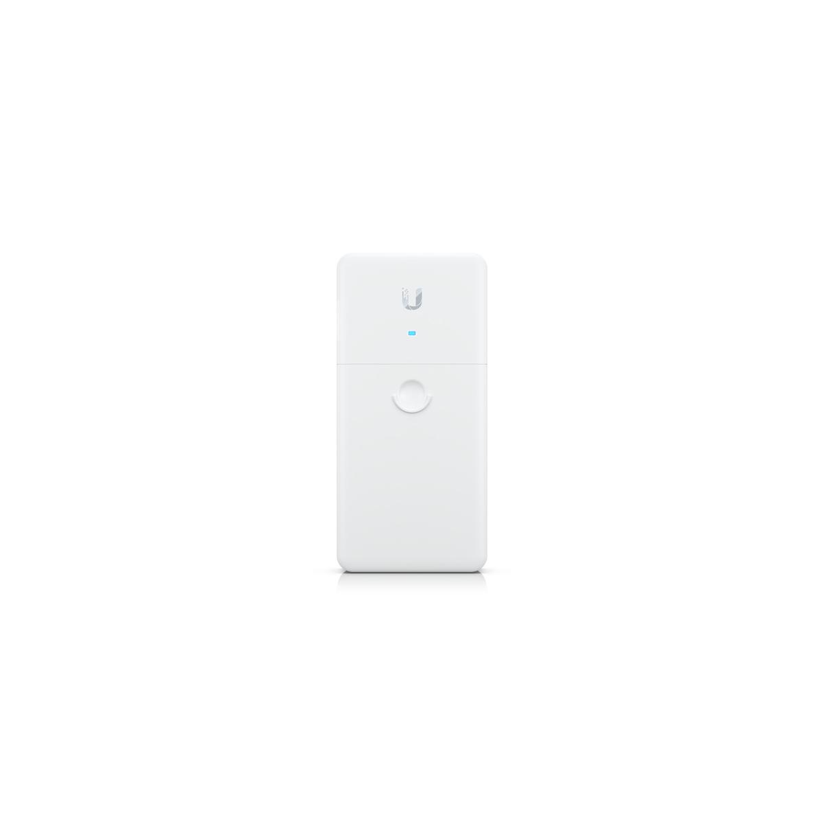 Un appareil rectangulaire blanc avec une lumière bleue et un bouton.