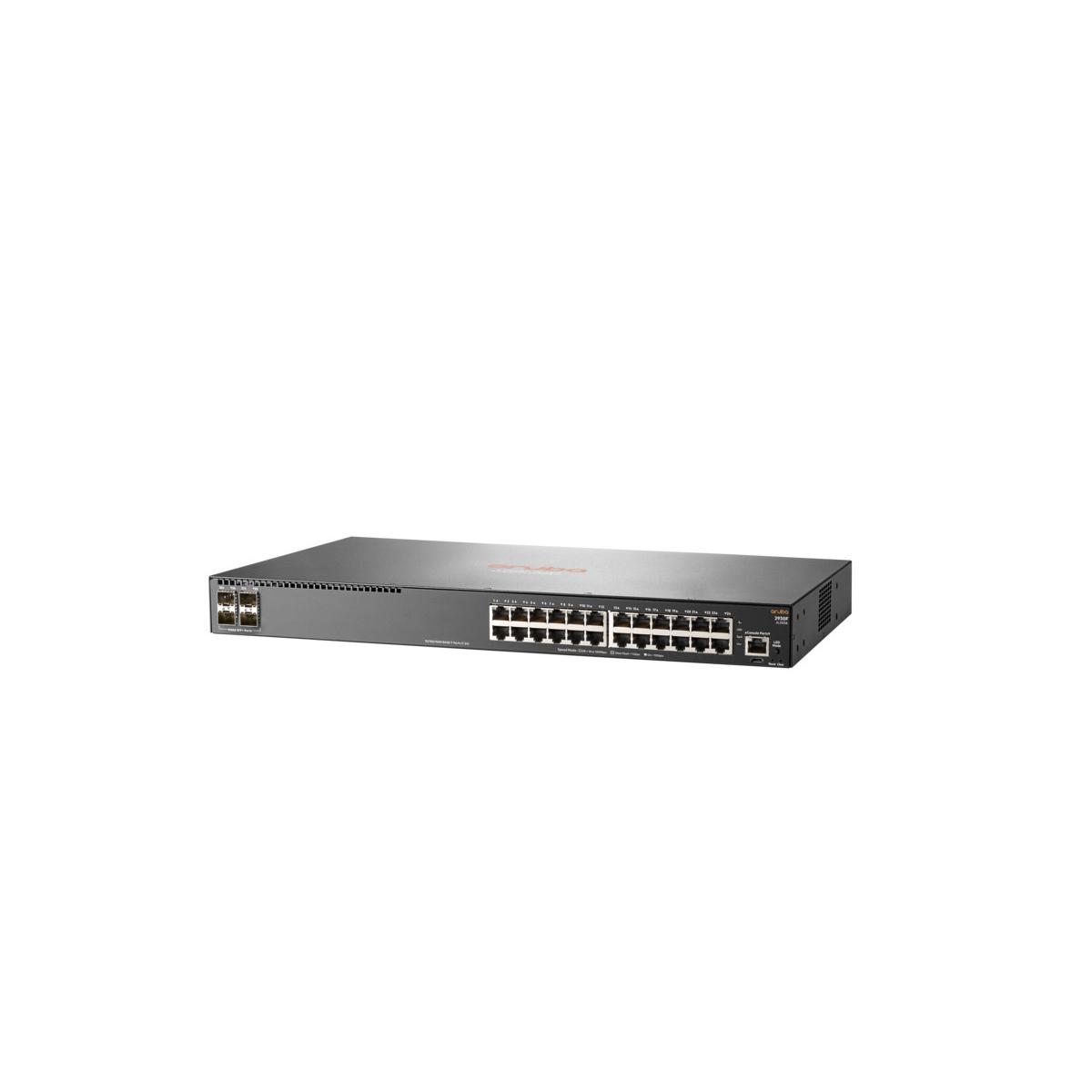 Ein schwarzer Netzwerk-Switch mit vielen Anschlüssen auf der Vorderseite.