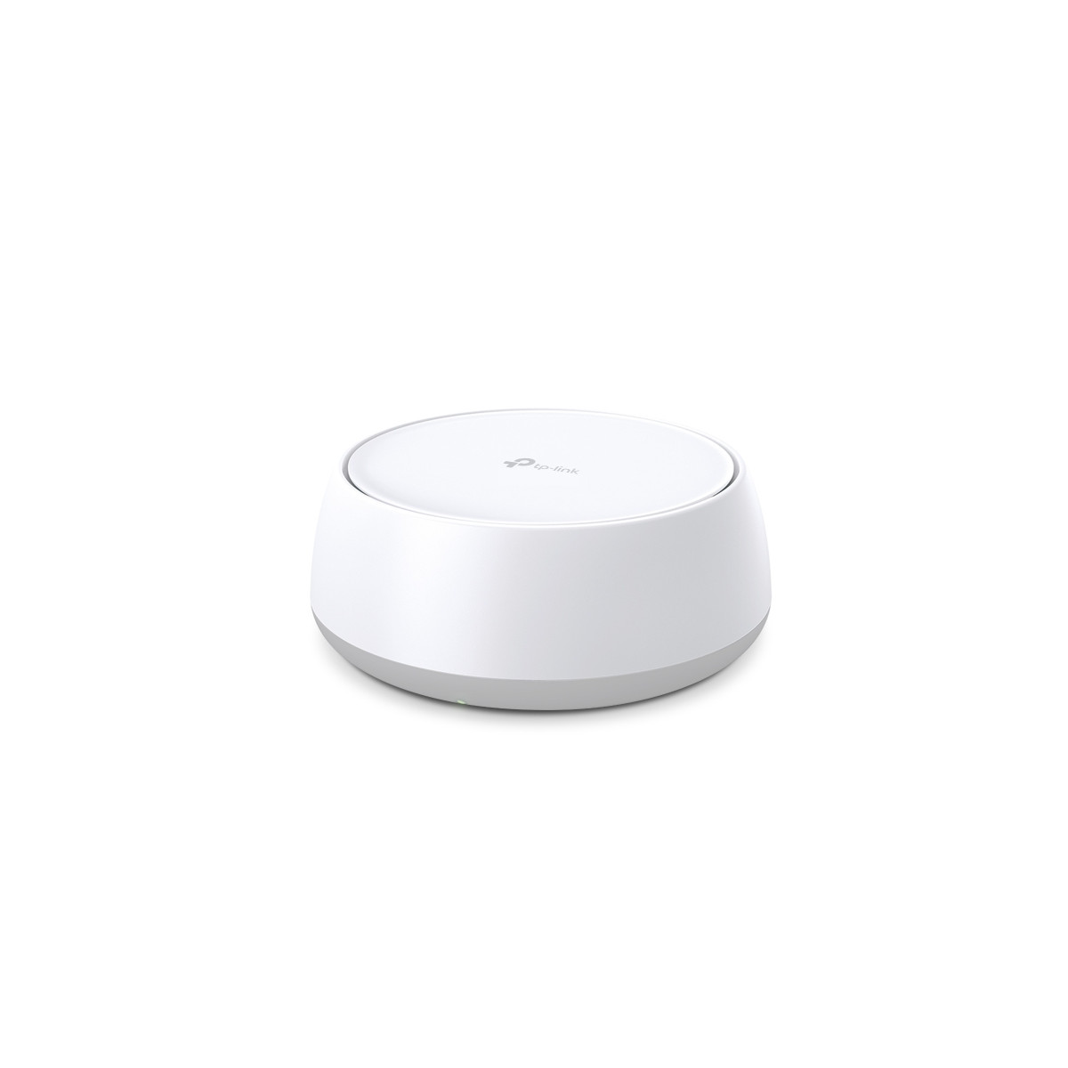 Ein weißer, runder TP-Link Mesh-WLAN-Router steht auf einem weißen Hintergrund.