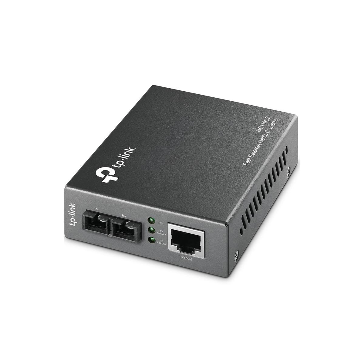 A black TP-Link network media converter with ports and LEDs.