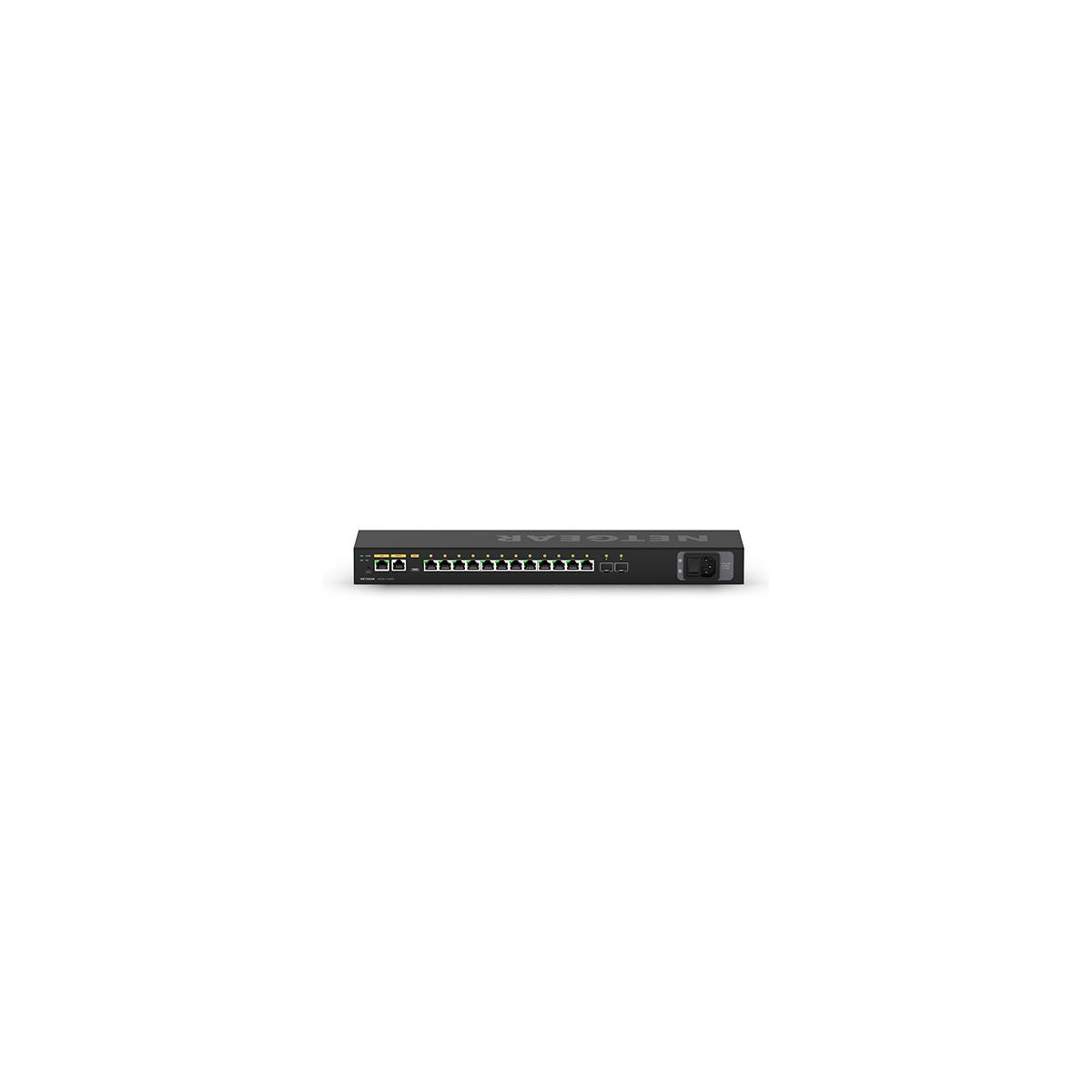 Ein schwarzer Netgear-Switch mit vielen Anschlüssen und LEDs.