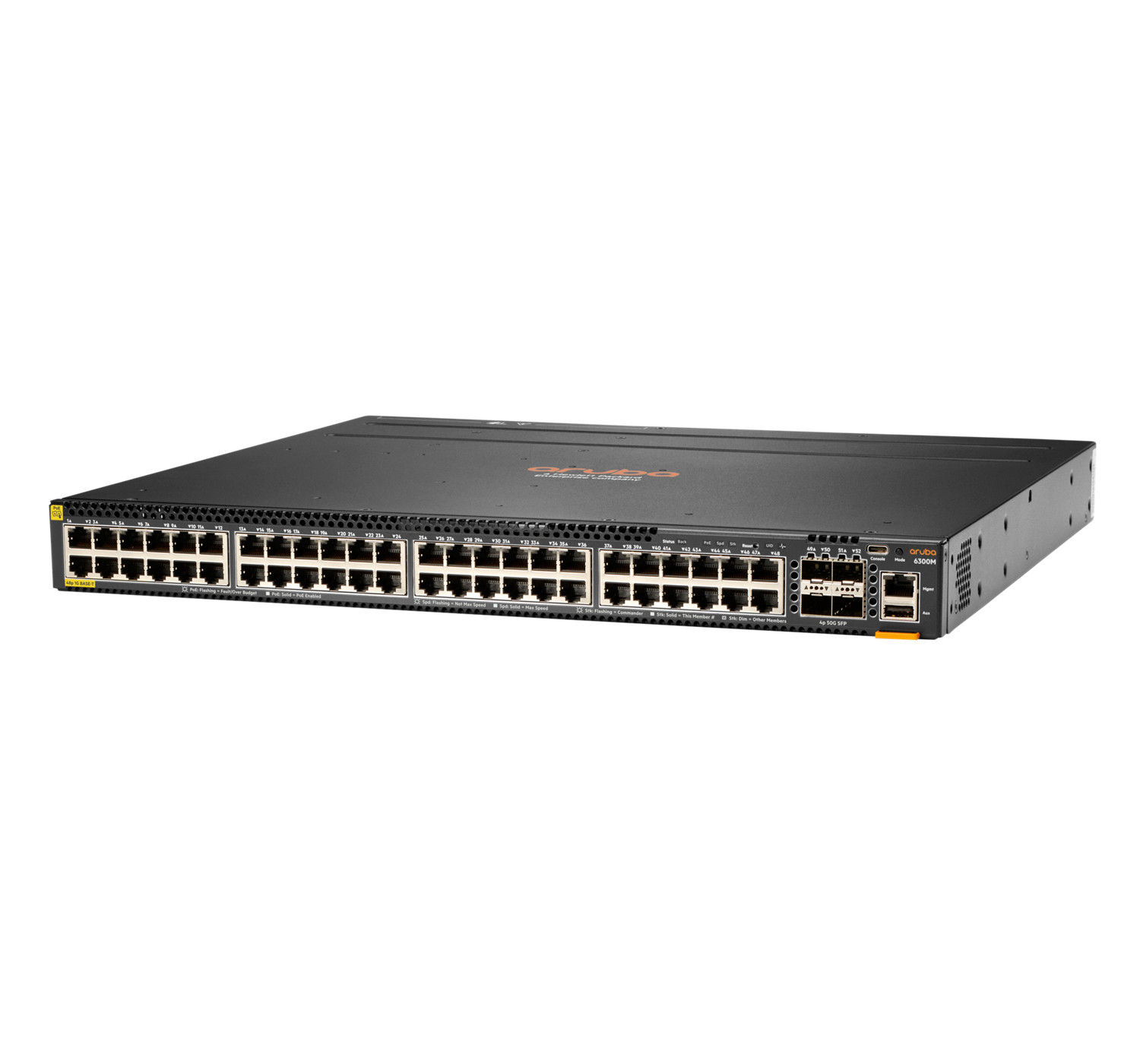 Switch di rete Aruba 6300M nero con numerose porte anteriori.