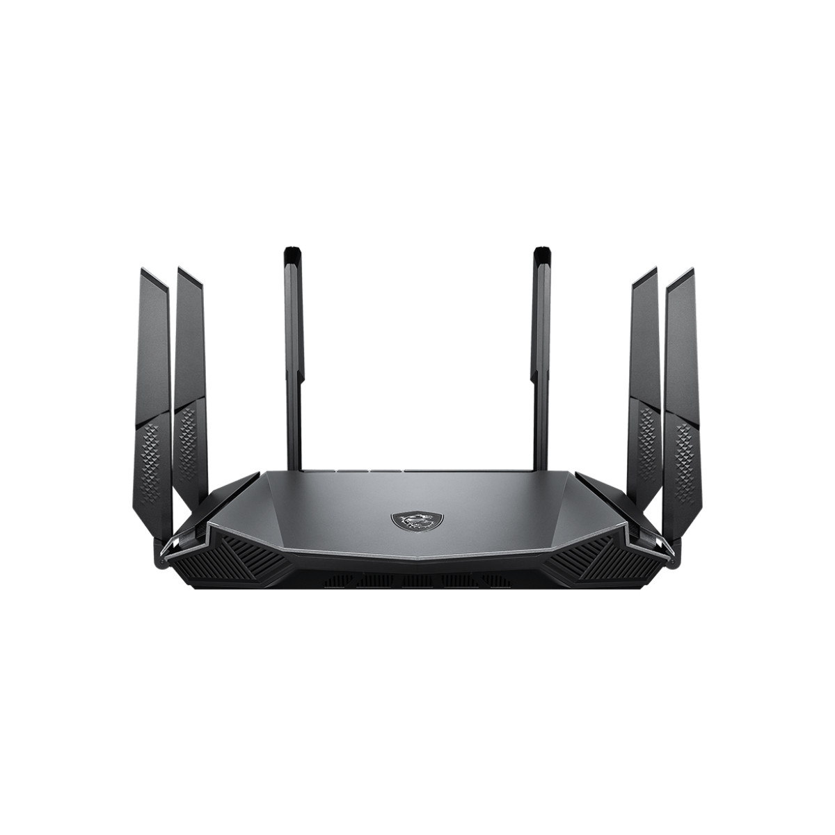 Czarny router z czterema antenami i stylizowanym logo pośrodku.