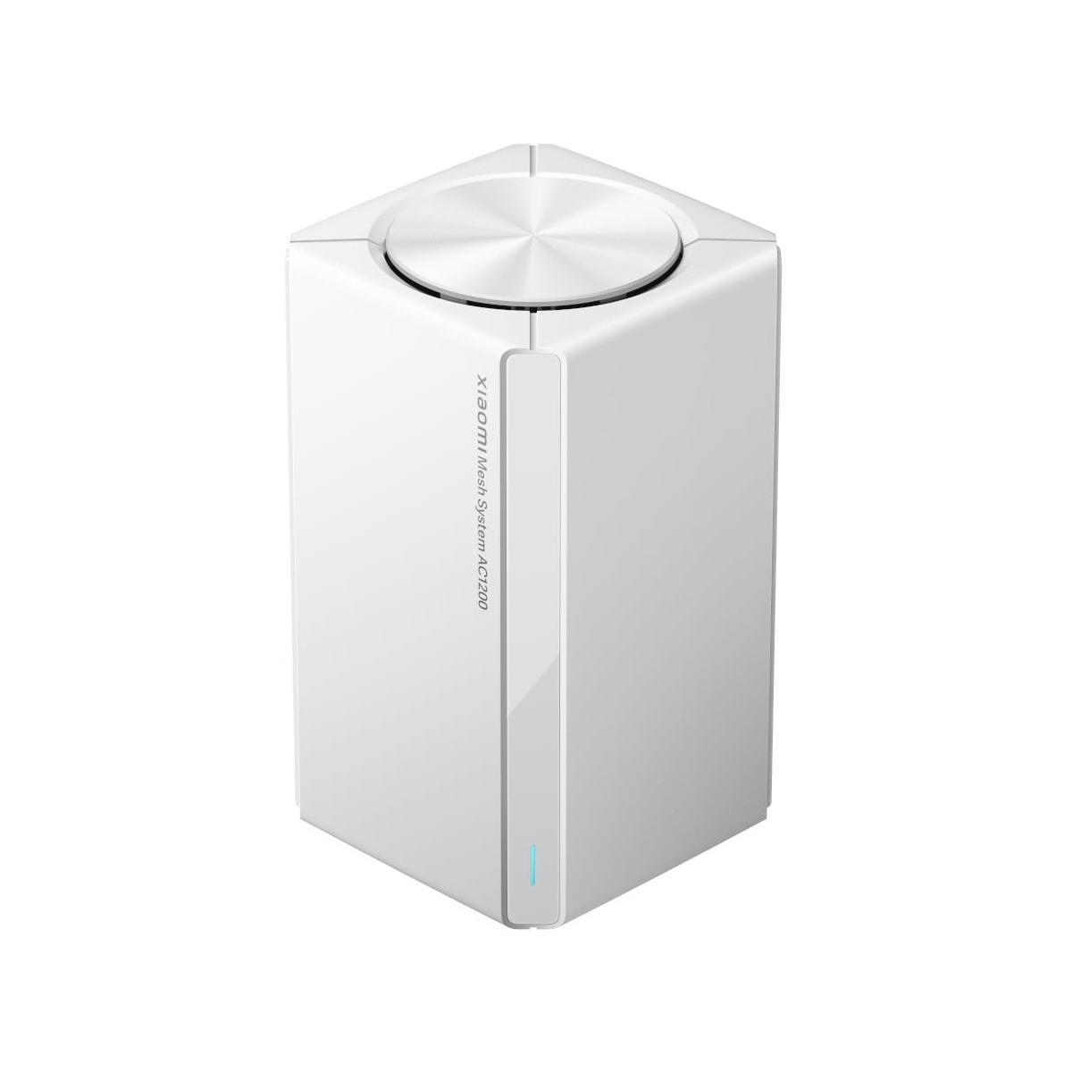 Ein weißer Xiaomi Mesh System AC1200 Router ist auf weißem Hintergrund abgebildet.