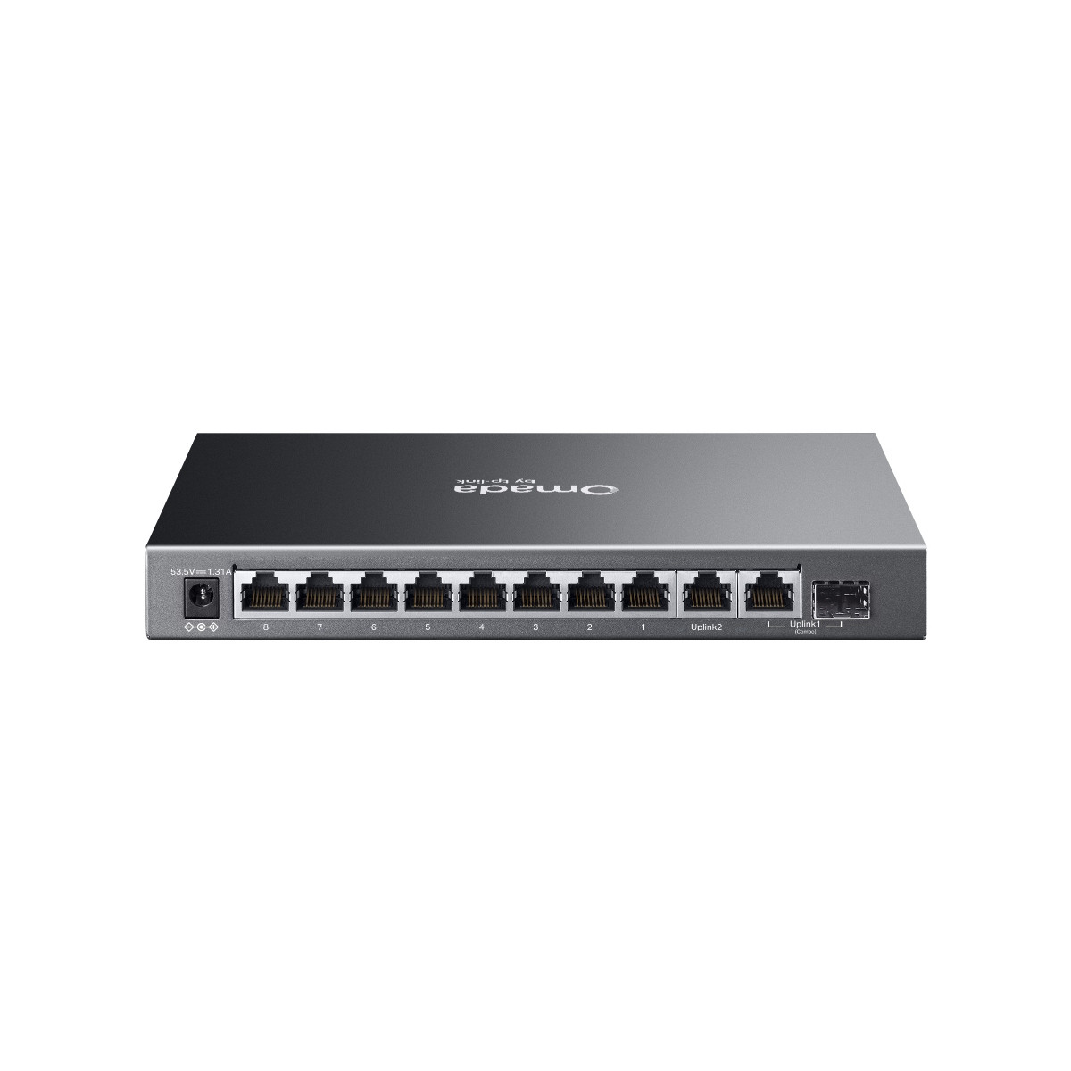 Ein grauer Omada von TP-Link Netzwerkswitch mit 8 Ethernet-Ports, 2 Uplink-Ports.