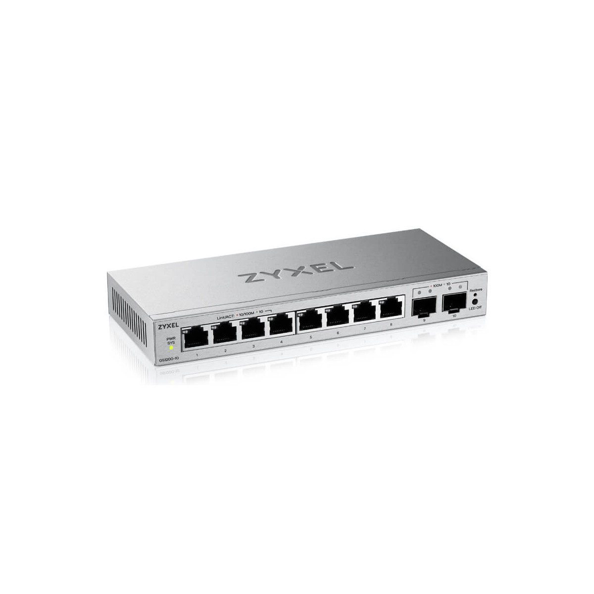 Silberner Zyxel Netzwerk-Switch mit 10 Anschlüssen, LEDs und Beschriftungen.