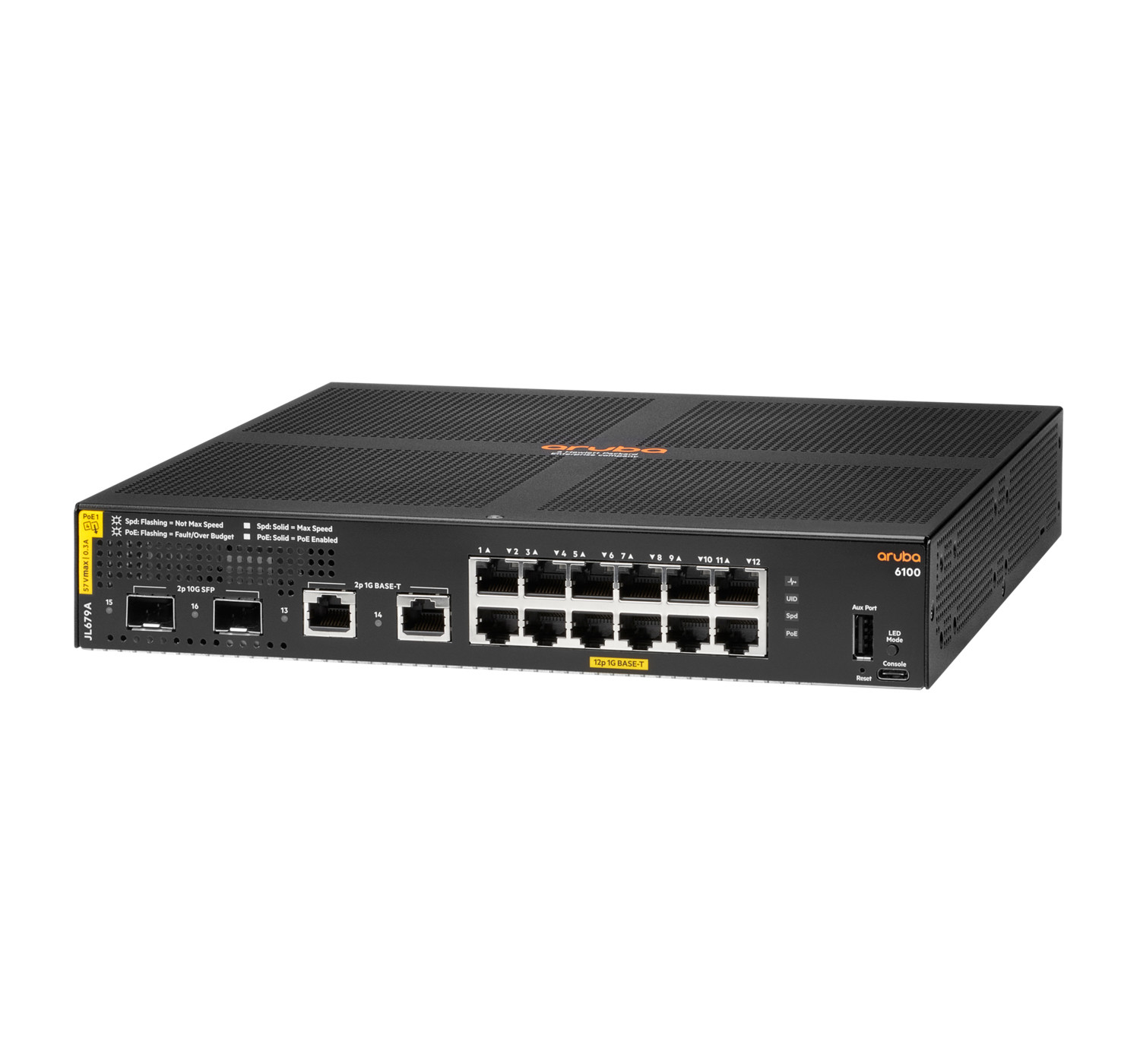 Uno switch di rete Aruba 6100 nero con porte e LED sul pannello frontale.