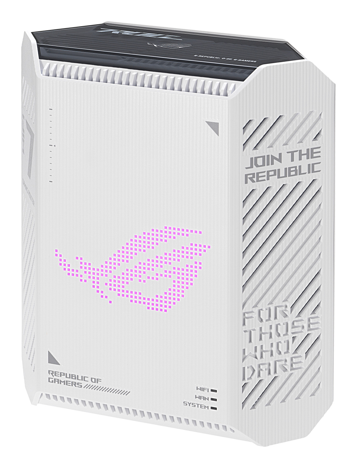 Weißer ASUS ROG Gaming-Router mit pinkem Logo, Text 'Join the Republic', 'For Those Who Dare'.