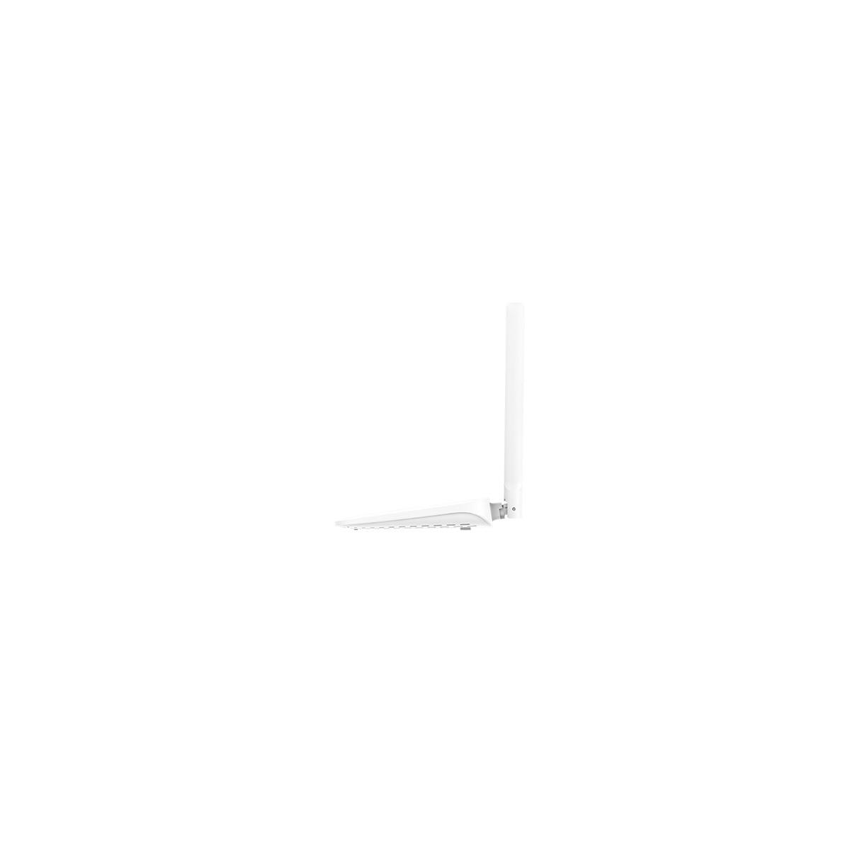 Ein weißer WLAN-Router mit einer Antenne steht auf einem weißen Hintergrund.