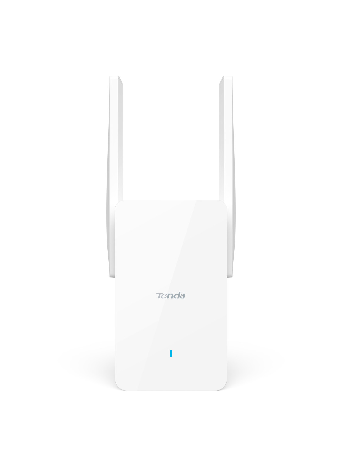 İki antenli ve mavi ışıklı beyaz bir Tenda Wi-Fi genişletici.
